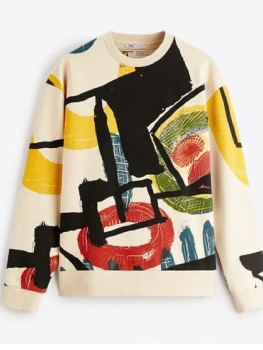Zara Cream Crewneck Sweater with Abstract Multi-Color Print